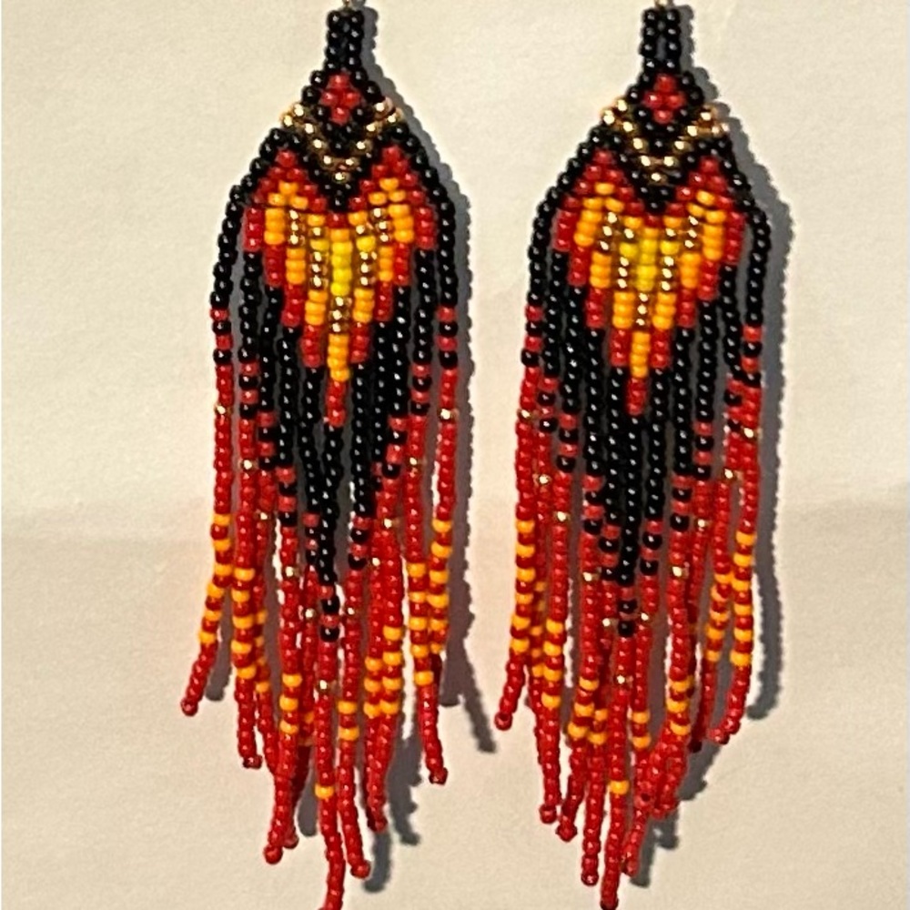 Red beaded heart earrings with fringe